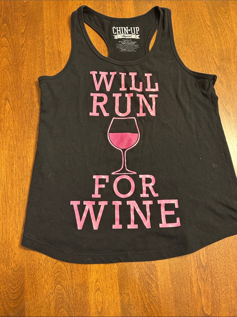 Chin Up Apparel Black Tank with Pink "Will Run For Wine" Graphic